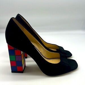 Katy Perry - The Catie Black Suede Open Toe Puzzle Cube High Heels Size 8.5